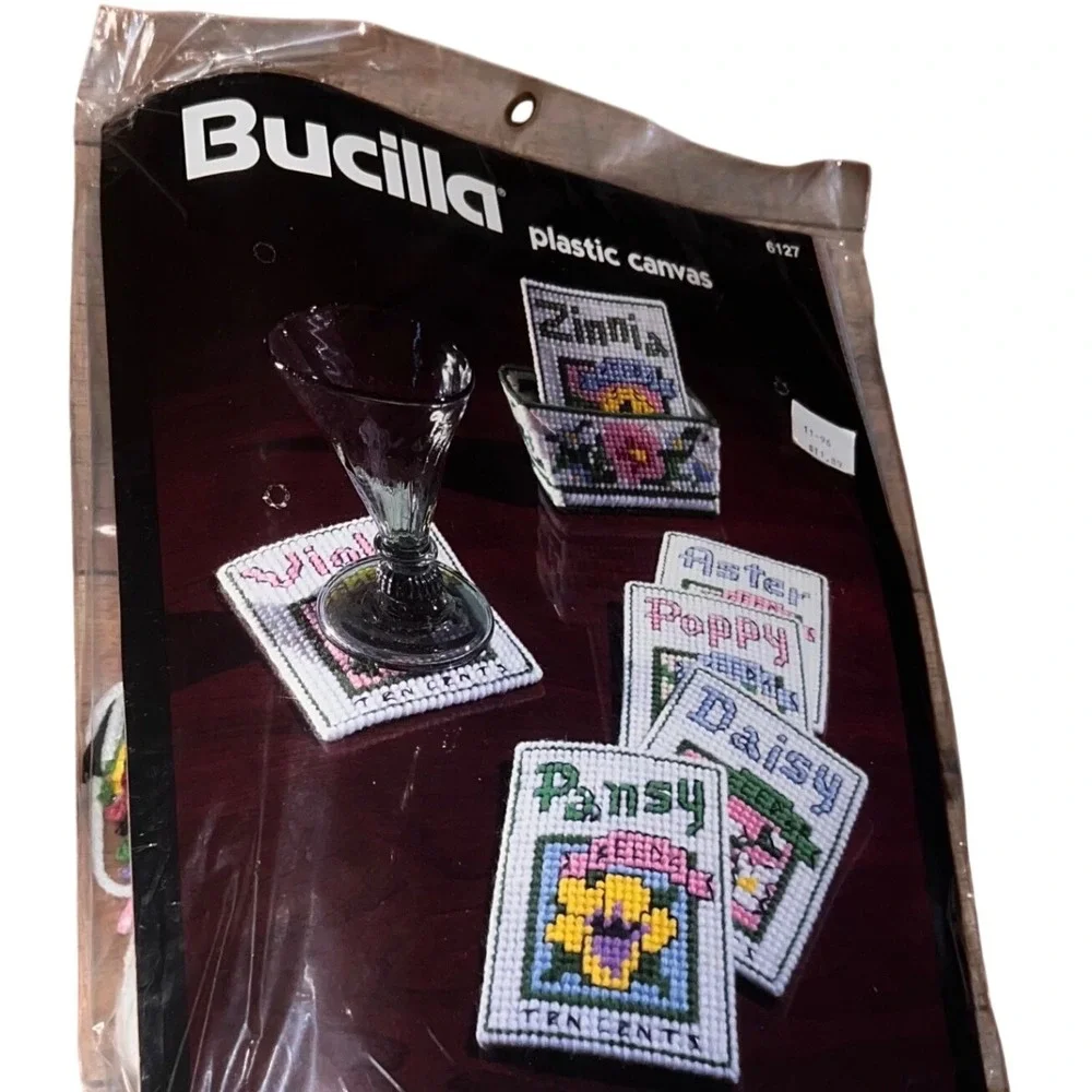 Vintage Bucilla 1994 Needlepoint Cross Stitch Seed Packet Coasters Kit Plastic